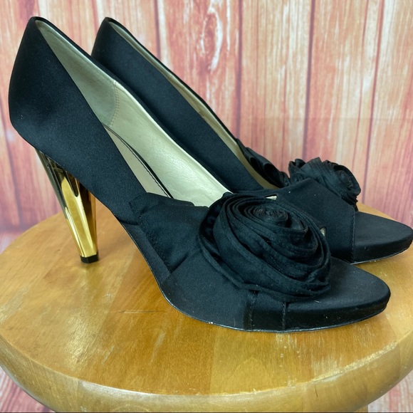 Isola Shoes Isola Black Satin Retro Vintage Gold Heeled Shoe 95